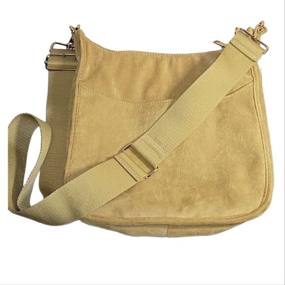 Ah dorned Messenger Crossbody Bag Faux Suede Light Tan  Camel Guitar Strap - Picture 1 of 13